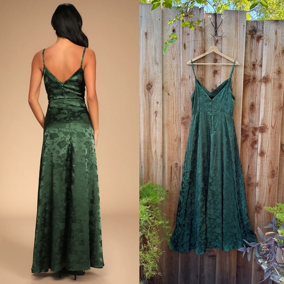 Emerald Green Satin Floral Cowl-Neck Jacquard Maxi Dress 🌿 - Picture 3 of 8